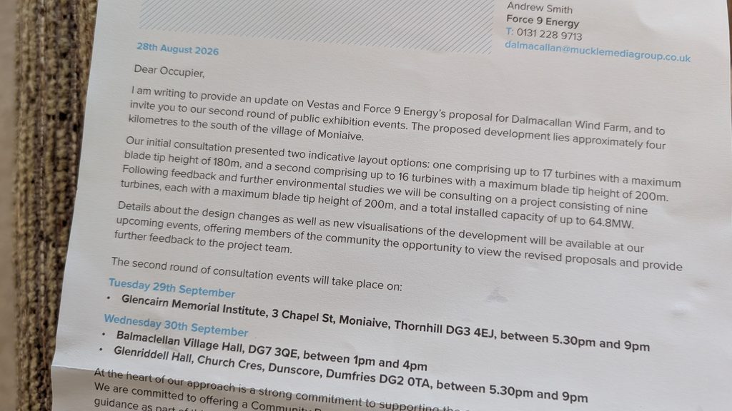 Force 9 Energy invites 'Occupiers' to find out more about their altered proposal, featuring 9 turbines each 200m high. Reduced MW contribution to 64.8.